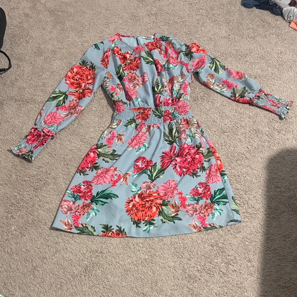 Floral Long Sleeve Smocked Waist Dress - Light Blue Pink Floral